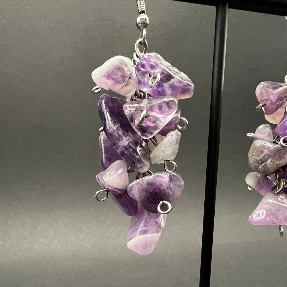 Amethyst Cluster Earrings Purple Crystal Gemstone Chip Boho Healing Witchy Fairy